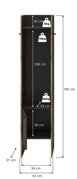 Garderobenschrank Bueno Basalt Nox Oak Nachbildung B/H/T: ca. 42x189x37 cm