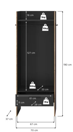 Garderobenschrank Bueno Basalt Nox Oak Nachbildung B/H/T: ca. 70x189x37 cm
