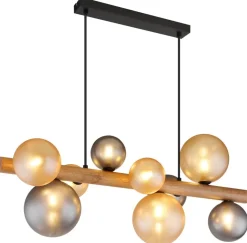 GLOBO LED-Hängeleuchte dunkelbraun amber Rauch Holz Metall Glas B/H/L: ca. 29x150x78 cm 9 Brennstellen