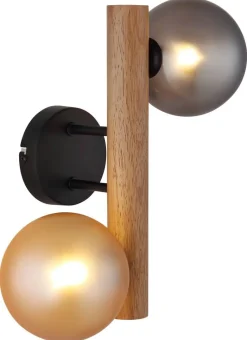 GLOBO LED-Wandleuchte Rauch dunkelbraun amber Metall Holz Glas H/L: ca. 16,5x32 cm 2 Brennstellen