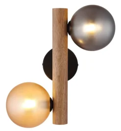 GLOBO LED-Wandleuchte Rauch dunkelbraun amber Metall Holz Glas H/L: ca. 16,5x32 cm 2 Brennstellen