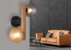 GLOBO LED-Wandleuchte Rauch dunkelbraun amber Metall Holz Glas H/L: ca. 16,5x32 cm 2 Brennstellen