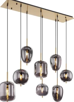 GLOBO Pendelleuchte Blacky messing Metall Rauchglas B/H/L: ca. 34x120x102,5 cm E14 8 Brennstellen
