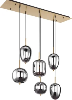 GLOBO Pendelleuchte Blacky messing Metall Rauchglas B/H/L: ca. 34x120x80 cm E14 6 Brennstellen