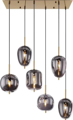 GLOBO Pendelleuchte Blacky messing Metall Rauchglas B/H/L: ca. 34x120x80 cm E14 6 Brennstellen