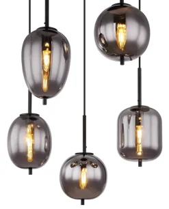 GLOBO Pendelleuchte Blacky 15345-5 schwarz natur Rauch Metall Aluminium Glas H/D: ca. 150x57,5 cm E14 5 Brennstellen