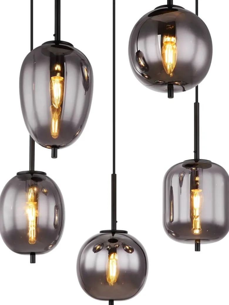 GLOBO Pendelleuchte Blacky 15345-5 schwarz natur Rauch Metall Aluminium Glas H/D: ca. 150x57,5 cm E14 5 Brennstellen