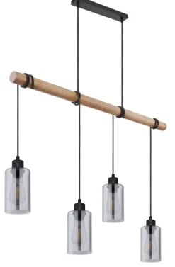 GLOBO Pendelleuchte Hadera schwarz natur Metall Holz Rauchglas B/H/T: ca. 98x130x15 cm E27 4 Brennstellen
