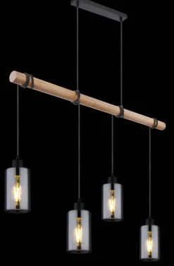 GLOBO Pendelleuchte Hadera schwarz natur Metall Holz Rauchglas B/H/T: ca. 98x130x15 cm E27 4 Brennstellen