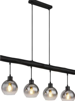 GLOBO Pendelleuchte 15656-4HB schwarz klar Rauch Metall Glas Holz B/H/L: ca. 15x120x85 cm E27 1 Brennstellen