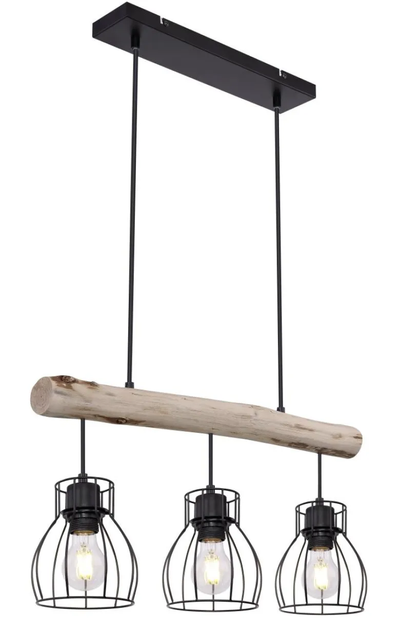 GLOBO Pendelleuchte Mina natur schwarz Holz Metall B/H: ca. 60x140 cm E27 3 Brennstellen