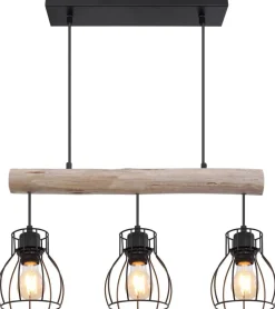 GLOBO Pendelleuchte Mina natur schwarz Holz Metall B/H: ca. 60x140 cm E27 3 Brennstellen