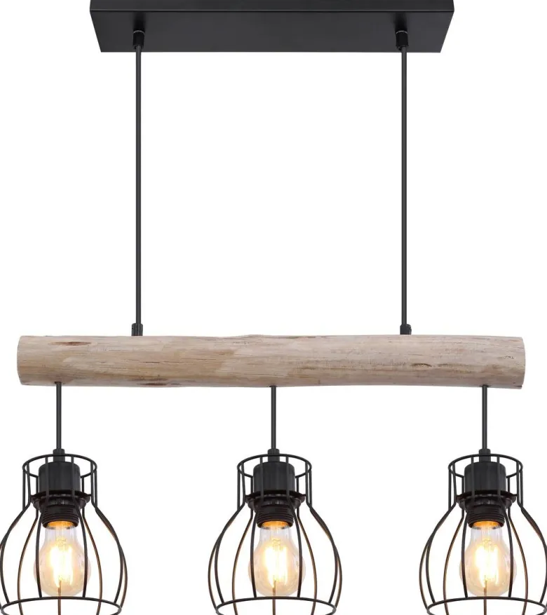 GLOBO Pendelleuchte Mina natur schwarz Holz Metall B/H: ca. 60x140 cm E27 3 Brennstellen