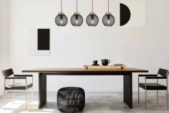 GLOBO Pendelleuchte Pablo mattschwarz natur Metall Holz B/H/T: ca. 95x120x20 cm E27 4 Brennstellen