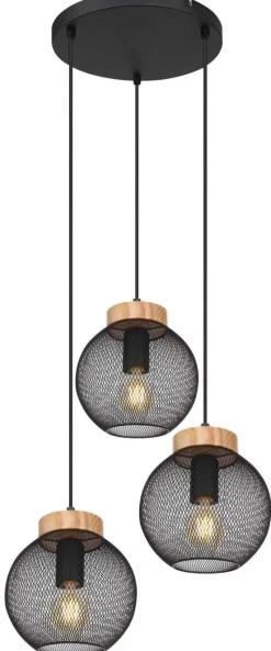 GLOBO Pendelleuchte Pablo schwarz natur Metall Holz H/D: ca. 120x44 cm E27 3 Brennstellen