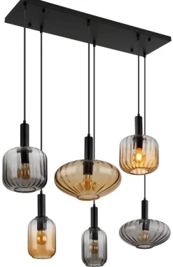 GLOBO Pendelleuchte schwarz Rauch amber Metall Glas PVC B/H/L: ca. 47x150x100 cm E27 6 Brennstellen