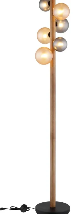 GLOBO Stehlampe dunkelbraun Rauch amber Holz Glas Metall H/D: ca. 150x29 cm 6 Brennstellen