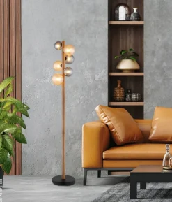 GLOBO Stehlampe dunkelbraun Rauch amber Holz Glas Metall H/D: ca. 150x29 cm 6 Brennstellen