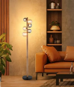 GLOBO Stehlampe dunkelbraun Rauch amber Holz Glas Metall H/D: ca. 150x29 cm 6 Brennstellen