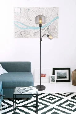 GLOBO Stehlampe grau mattschwarz Metall Glas H/D: ca. 165x25 cm E27 1 Brennstellen