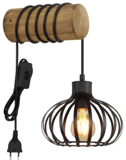 GLOBO Wandleuchte schwarz braun Metall Holz B/H: ca. 20x59 cm E27 1 Brennstellen