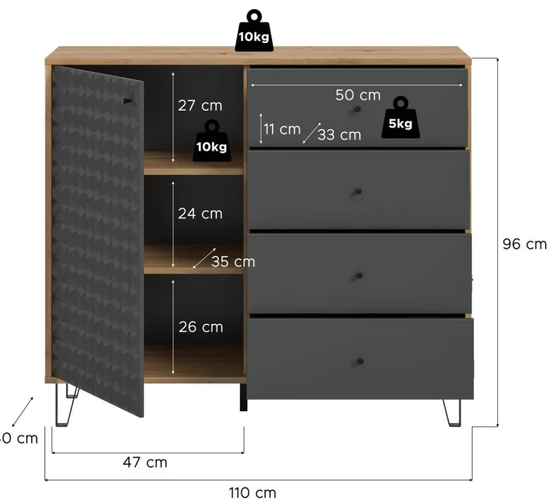 Highboard PRISMA Artisan Oak Nachbildung anthrazit matt B/H/T: ca. 110x96x40 cm