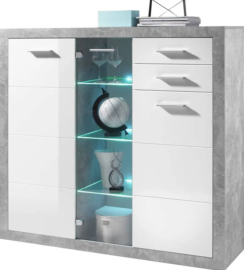 Highboard Stone Beton Optik weiß glänzend B/H/T: ca. 137x134x37 cm