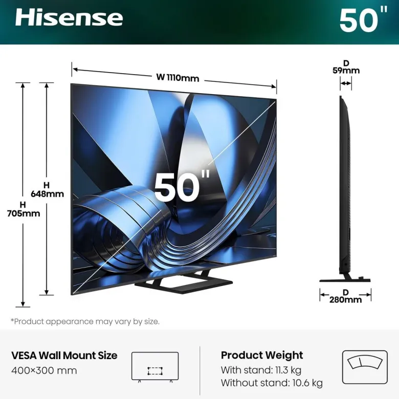 Hisense Mini-LED-Fernseher 50U7SE B/H: ca. 111x71 cm
