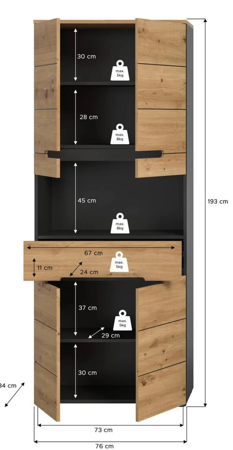 Hochschrank Canu Basalt Eiche Artisan Nachbildung B/H/T: ca. 76x193x34 cm