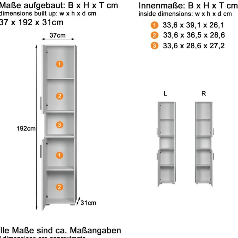 Hochschrank Wons weiß Hochglanz weiß matt B/H/T: ca. 37x192x31 cm