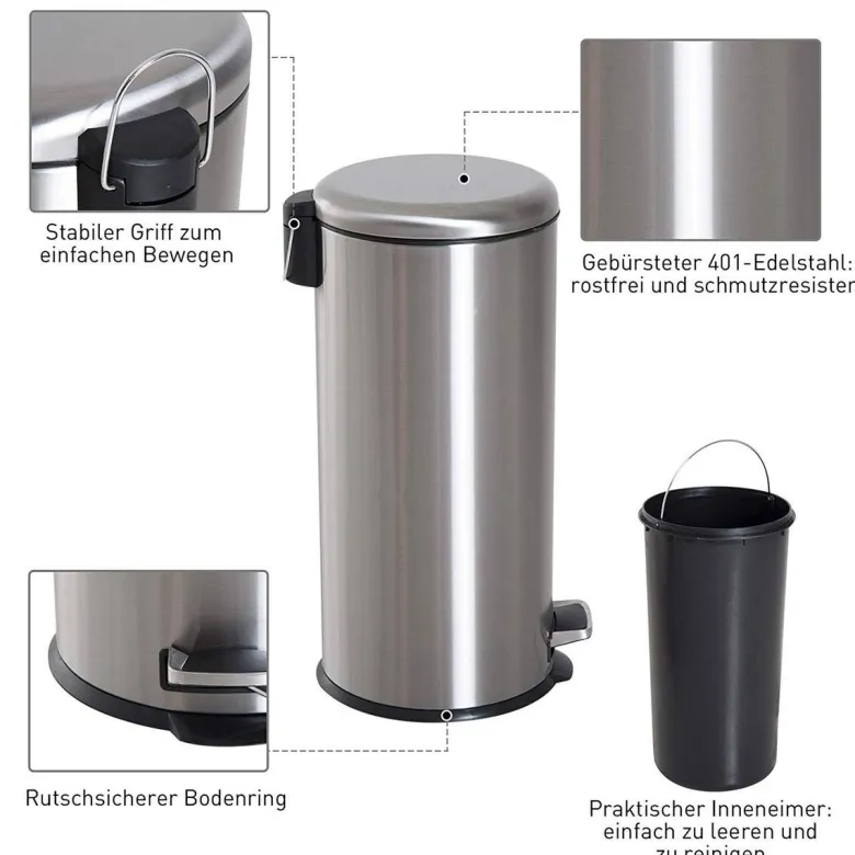 HOMCOM Pedal-Mülleimer silber H/D: ca. 62,9x29,2 cm
