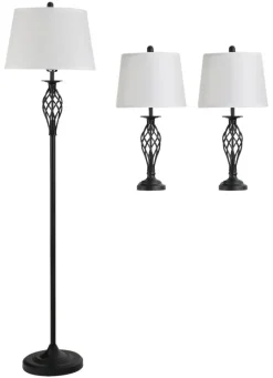 HOMCOM Stehlampe inkl. 2 Tischleuchten B31-179 schwarz weiß Metall Polyester-Mischgewebe Stoff B/H/L: ca. 38x158x38 cm E27 3 Brennstellen