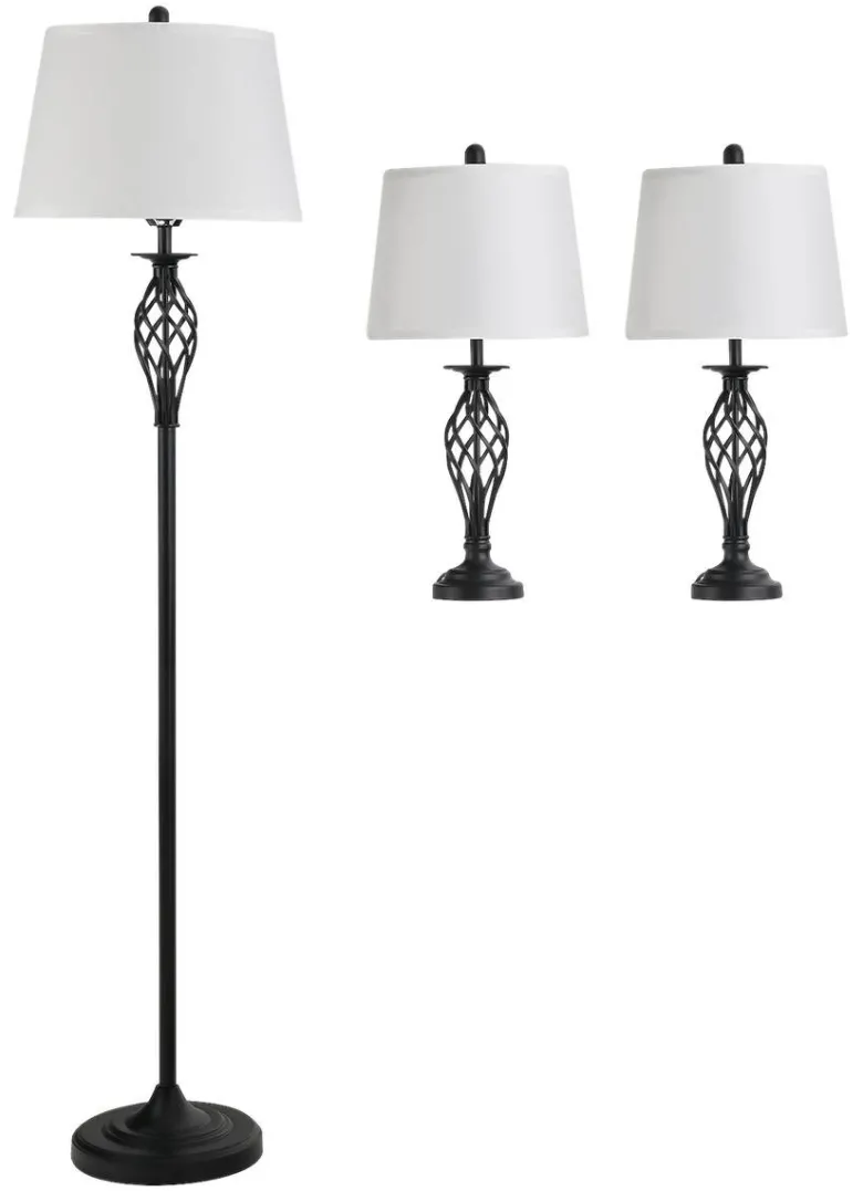 HOMCOM Stehlampe inkl. 2 Tischleuchten B31-179 schwarz weiß Metall Polyester-Mischgewebe Stoff B/H/L: ca. 38x158x38 cm E27 3 Brennstellen