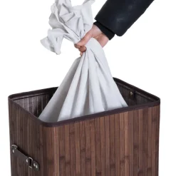 HOMCOM Wäschekorb mit 2 Tragegriffen dunkelbraun Bambus Stoff Kunststoff B/H/L: ca. 30x60x40 cm