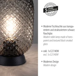 Just Light Tischleuchte 14906-18 schwarz Rauchglas H/D: ca. 23x15 cm E27 1 Brennstellen