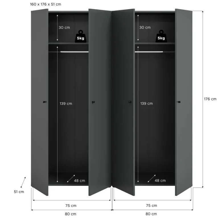Kleiderschrank DARWIN anthrazit B/H/T: ca. 160x176x51 cm