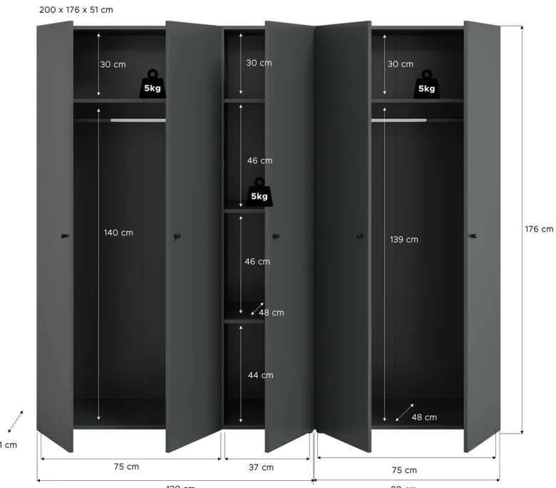 Kleiderschrank DARWIN anthrazit B/H/T: ca. 200x176x51 cm