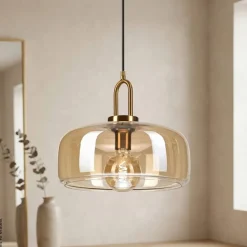Lamkur Pendelleuchte gold Glas B/H/L: ca. 33x91x33 cm E27 1 Brennstellen