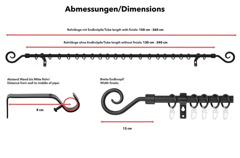 LICHTBLICK Gardinenstange Kringel schwarz Metall D: ca. 0,16 cm ausziehbar von ca. 130 bis 240 cm 1.0 Läufe