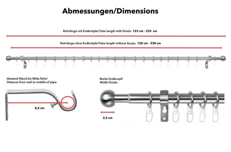 LICHTBLICK Gardinenstange Kugel Edelstahloptik Metall D: ca. 0,2 cm ausziehbar von ca. 120 bis 230 cm 1.0 Läufe