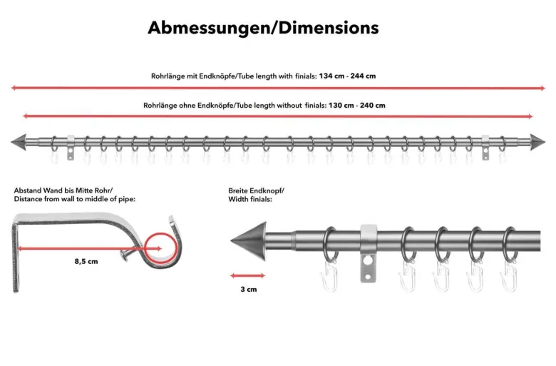 LICHTBLICK Gardinenstange Kegel Chrom Metall D: ca. 2 cm ausziehbar von ca. 130 bis 240 cm 1.0 Läufe