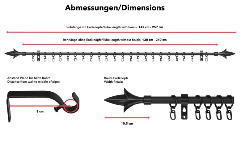 LICHTBLICK Gardinenstange Lilie schwarz Metall D: ca. 0,16 cm ausziehbar von ca. 130 bis 240 cm 1.0 Läufe