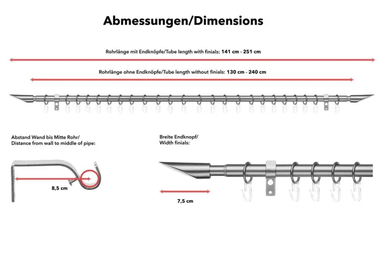 LICHTBLICK Gardinenstange Lipstick Edelstahloptik Metall D: ca. 2 cm ausziehbar von ca. 130 bis 240 cm 1.0 Läufe