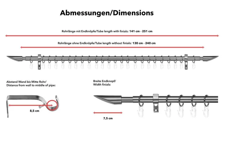 LICHTBLICK Gardinenstange Lipstick Chrom Metall D: ca. 2 cm ausziehbar von ca. 130 bis 240 cm 1.0 Läufe
