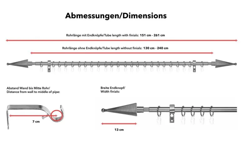 LICHTBLICK Gardinenstange Pyramide Edelstahloptik Metall D: ca. 1,6 cm ausziehbar von ca. 130 bis 240 cm 1.0 Läufe