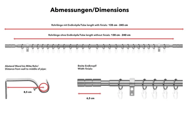 LICHTBLICK Gardinenstange Zylinder Edelstahloptik Metall D: ca. 2 cm ausziehbar von ca. 130 bis 240 cm 1.0 Läufe