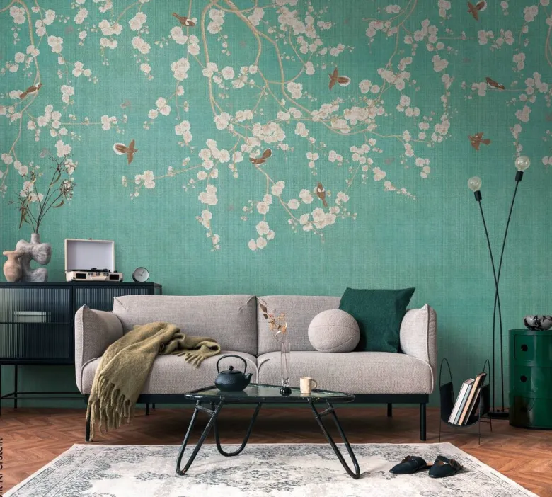 Livingwalls Fototapete Blütenzweig blau beige creme B/L: ca. 280x371 cm