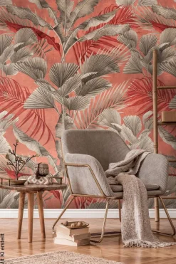 Livingwalls Fototapete Blätter grau rosa rot B/L: ca. 280x159 cm