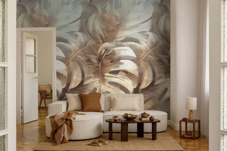 Livingwalls Fototapete Blätter creme beige B/L: ca. 280x159 cm metallic