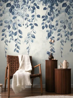 Livingwalls Fototapete Blätter creme weiß blau B/L: ca. 280x159 cm